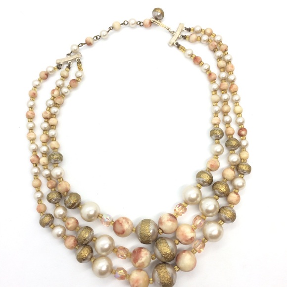 VINTAGE JAPAN 60s BEAD AB AURORA BOUREALIS MULTI LAYER COLLAR CHOKER NECKLACE - Picture 8 of 16